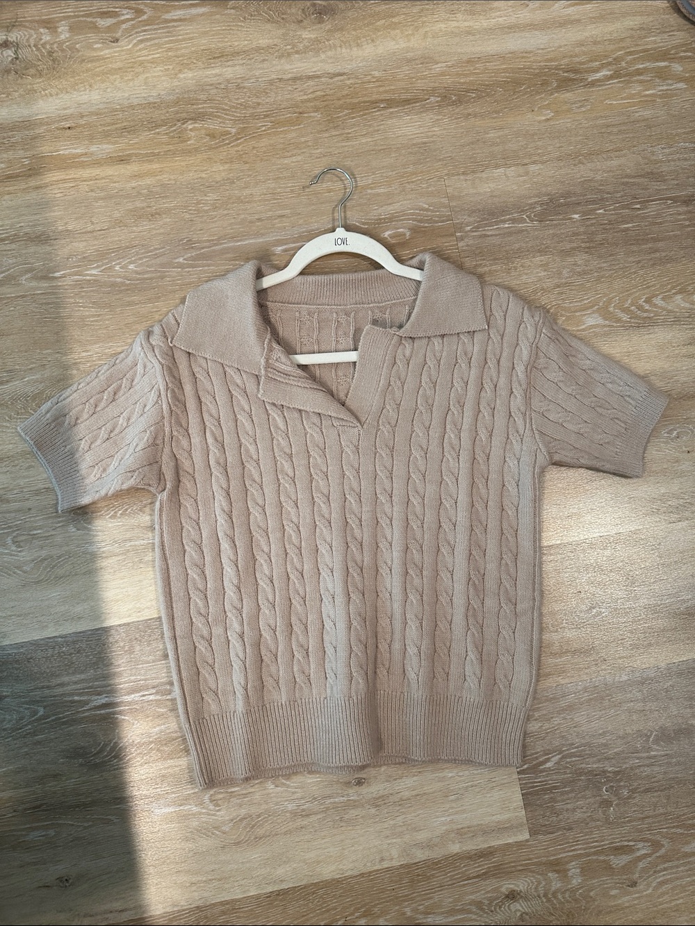Beige Cable Knit Short Sleeve Polo Sweater
